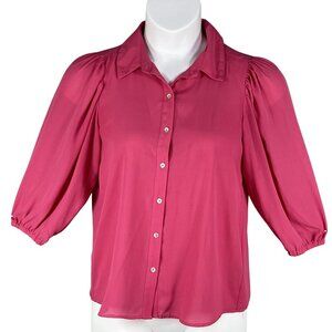 Nanette Lepore Womens S Pink Button Up Blouse 3/4 Balloon Puff Sleeves Office